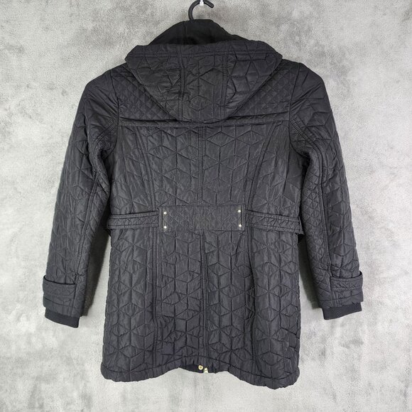 Womens Black Weatherproof Quilted Hooded Jacket w/ Floral Lining Full Zip Size M - Picture 10 of 12
